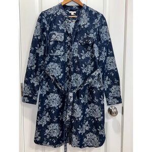 Gap Maternity Denim Floral Print Shirt Dress Belted Button Front Size Medium